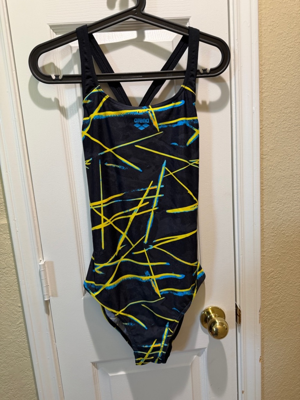 Arena Black One-Piece Swimsuit with Yellow & Blue Graphic Detail